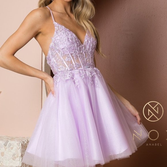 NEW LILAC OFF SHOULDER MINI V-NECKLINE CHIFFON DRESS EMBROIDERED BODICE nx739 - Picture 3 of 8